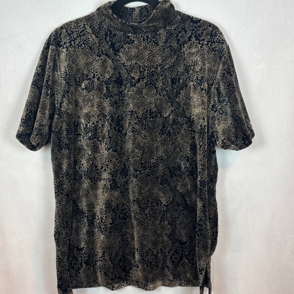 Elizabeth by Liz Claiborne Womens Short Sleeve Velvet Blue Gold Mock neck top 2X